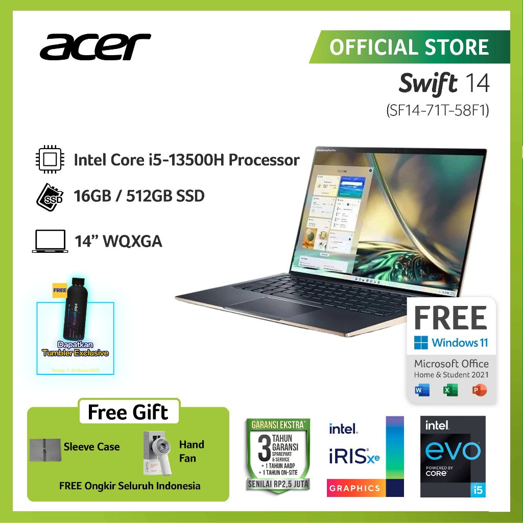 (FREE HAND FAN & TUMBLER) ACER LAPTOP SWIFT 14 SF14-71T-58F1 14"QHD INTEL EVO I5-13500H RAM 16GB STO