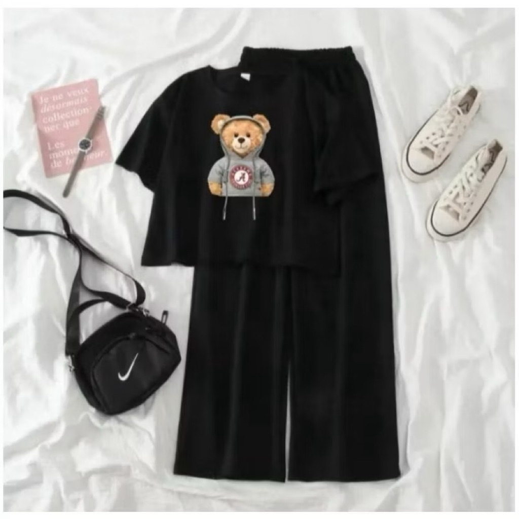 SETELAN WANITA KOREA CROP BEAR KOMBINASI CELANA PANJANG