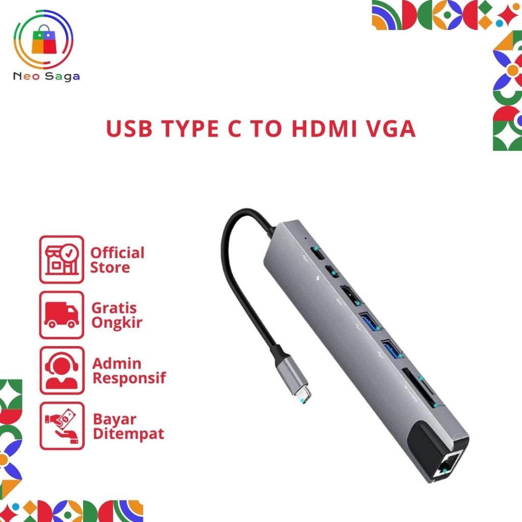 Usb TYPE C to HDMI VGA lan SD Card Reader Hub  8 in 1 Usb