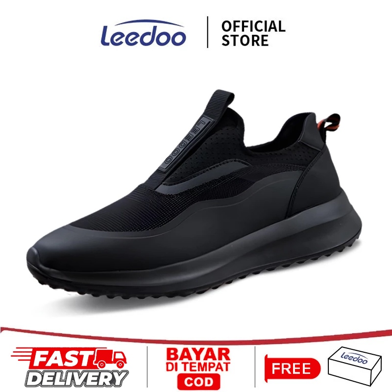 Leedoo Sepatu Sneakers Cowok Causal Slip On Pria Pria Kekinian Fashion Sepatu Hitam MR713