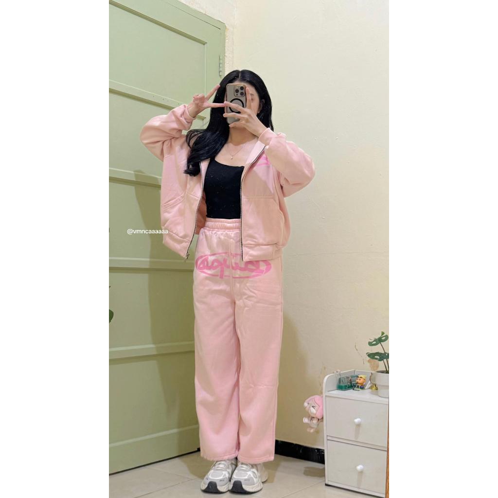 HIMSIDE Hoodie Boxy Diff Sweater Pink Double Zipper Jacket Resleting 280 Gramasi Tebal Lembut unisex