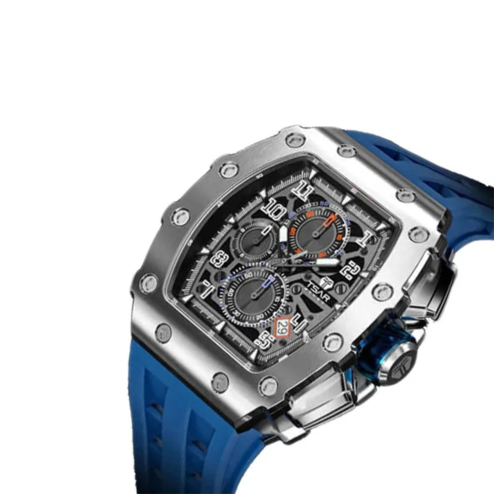 Jam Tangan Pria Man Watch Tsar Bomba Elemental TB8204Q-34 Quartz Waterproof Black Dial Blue Silicone