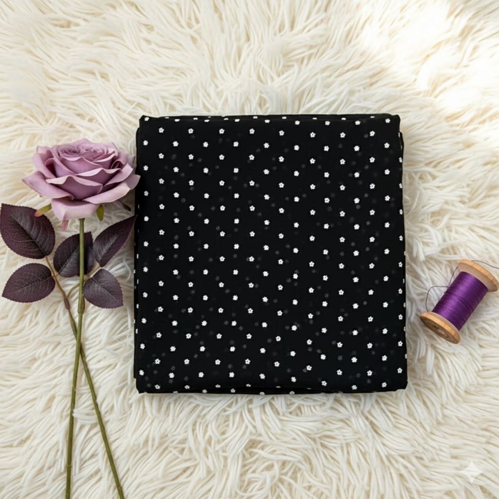 Kain Ceruty Hitam Motif Bunga Kecil Putih – Bahan Ceruty Baby Doll Premium untuk Dress, Gamis, Hijab