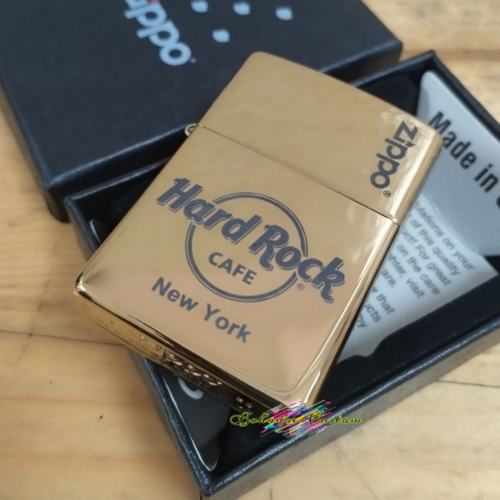 KOREK API ZIPPO GOLD CHROME CUSTOM GRAFIR HARD ROCK CAFE NEW YORK DESIGN BISA BEBAS REQUEST CUSTOM G