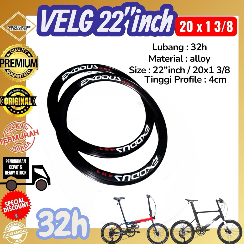 ( VELG 22 inch EXODUS 32H 4cm ) Sepeda 20 plus 1 3/8 Roda Lipat Minivelo 22inch 451 Lubang 32 H