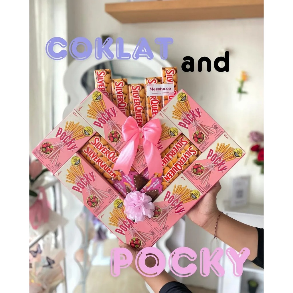 Meesha.co Buket Kotak Snack Silverqueen Pocky Pink - Valentine Ulang Tahun Anniversary
