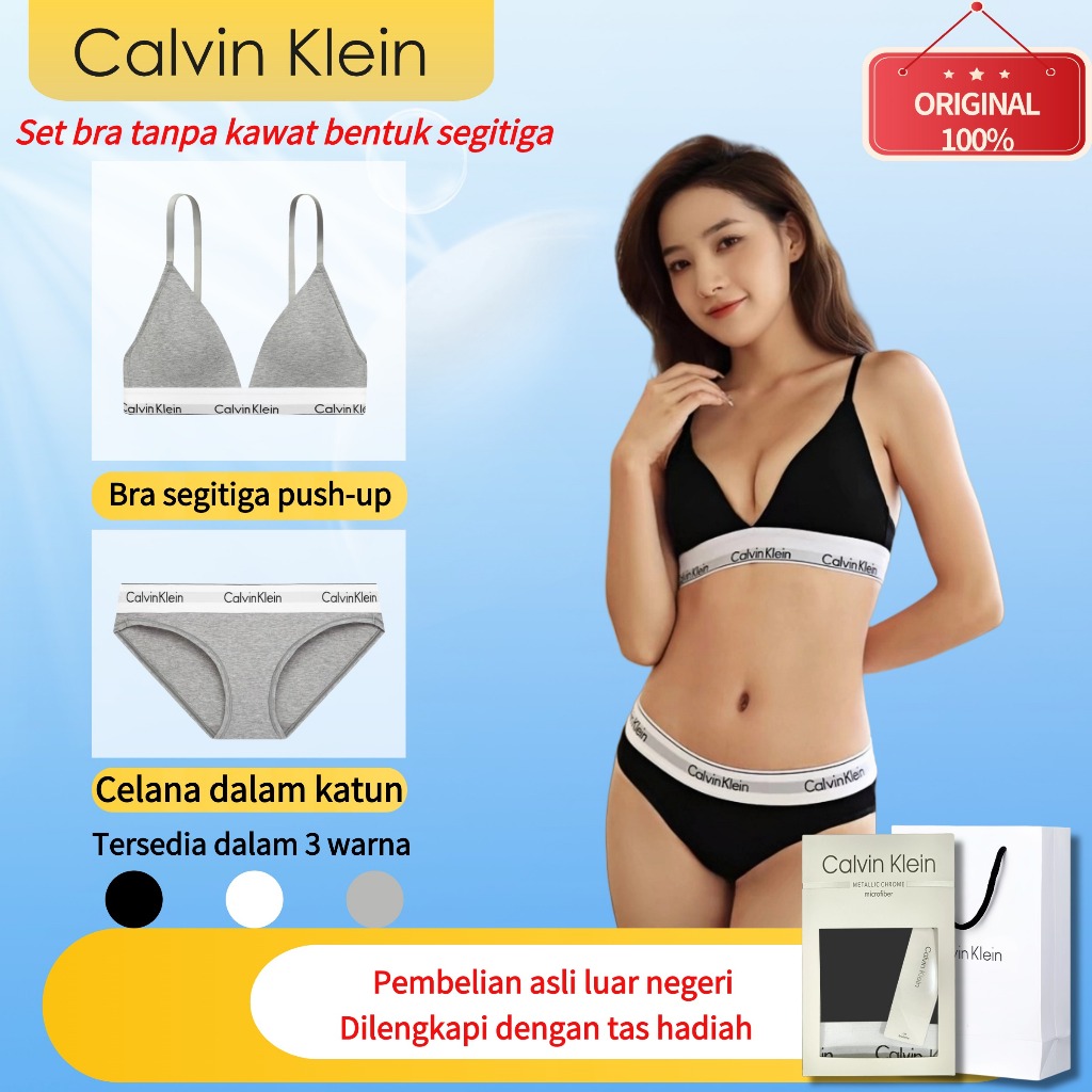 Pakaian dalam wanita Calvin Klein asli - set pakaian dalam bikini cup segitiga tanpa kawat CK wanita