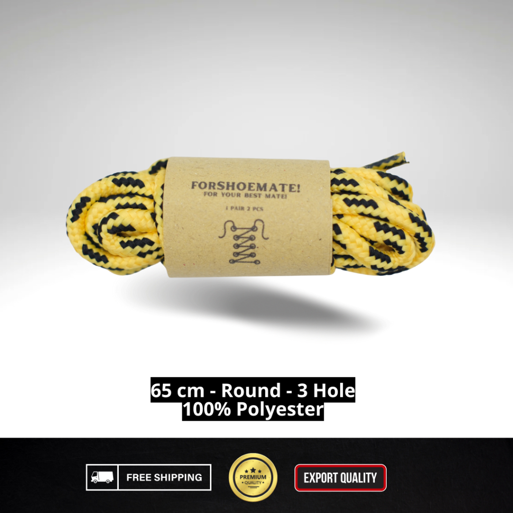 FORSHOEMATE Tali Sepatu | Kuning 4 Hitam | Tali Sepatu Bulat 65 cm Tali Sepatu 3 Hole 3 Lubang Tali 