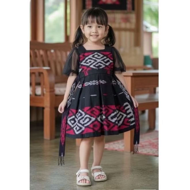Gaun Anak Motif Etnik Hitam Merah usia 2-8 tahun tenun Jepara