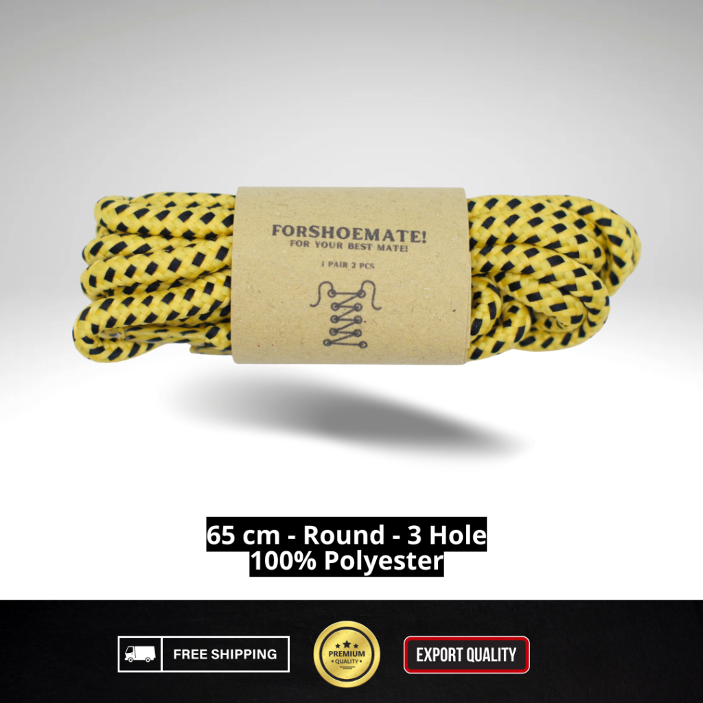 FORSHOEMATE Tali Sepatu | Kuning Squ Hitam | Tali Sepatu Bulat 65 cm Tali Sepatu 3 Hole 3 Lubang Tal