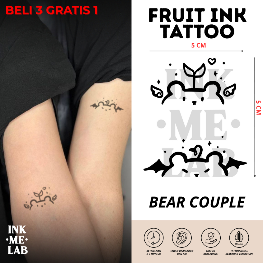 INKMELAB - BEAR COUPLE Fruit Ink Temporary Tattoo 5X5CM - Tato Temporer Semi Permanen Tahan 3 Minggu