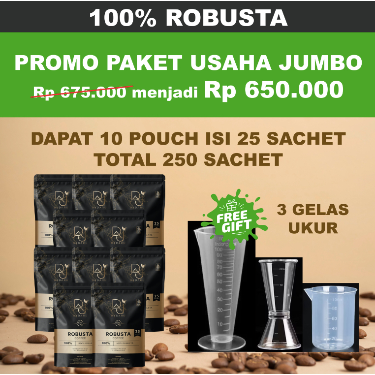 KOPI ROBUSTA BADARU PAKET USAHA JUMBO 10pouch isi 25sachet | kopi hitam tanpa ampas