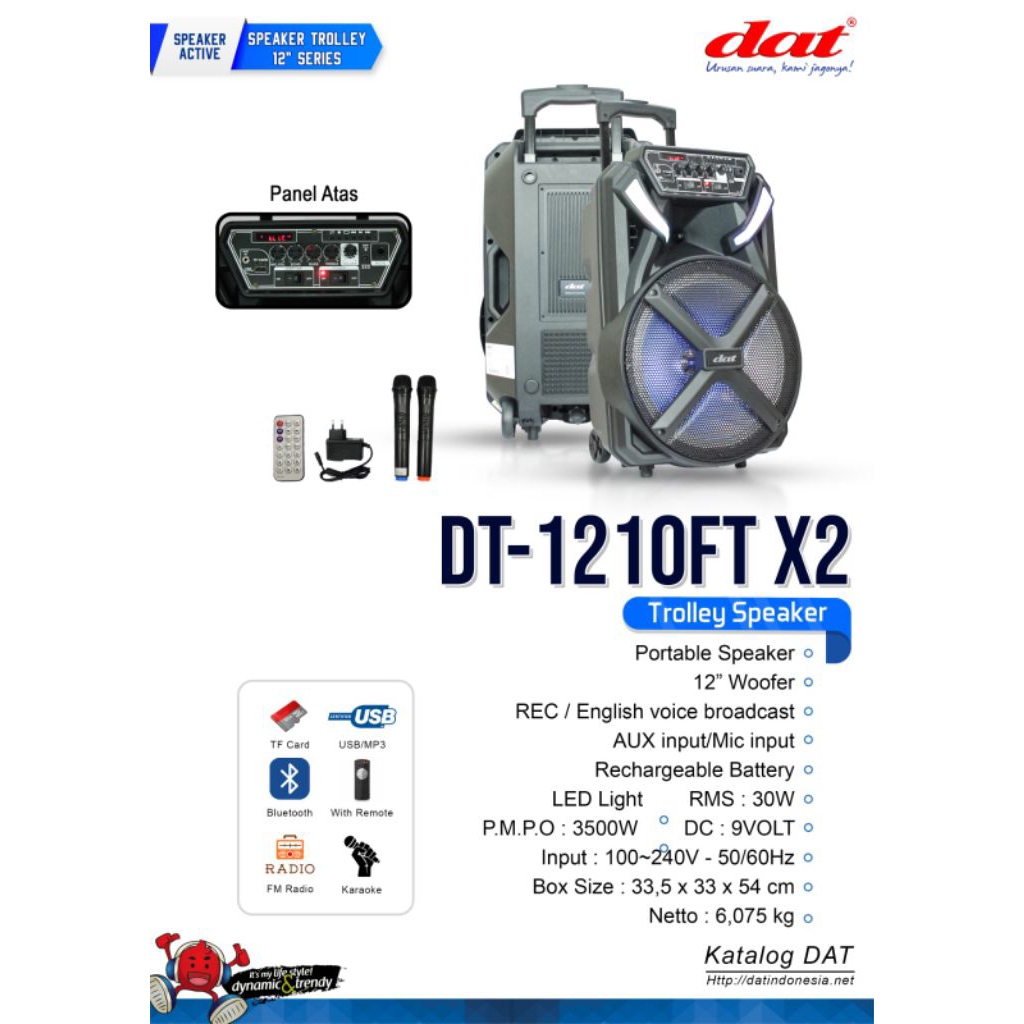DAT Speaker DT-1210FT X2 – Trolley Speaker 12”, Bluetooth, USB/SD, FM Radio, LED Panel, 2 Mic Wirele