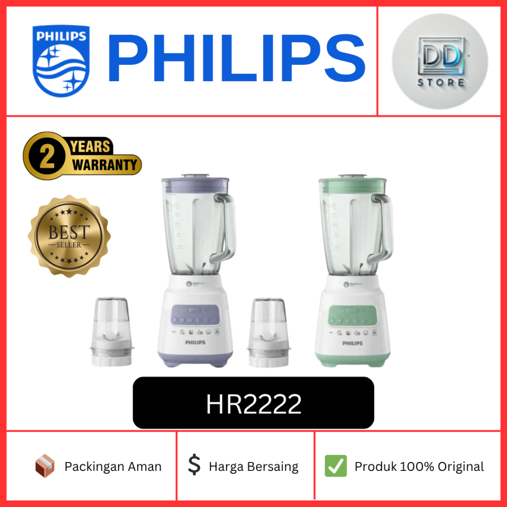 Philips Blender Kaca HR2222/30 HR 2222 hr2222 350W 5 Kecepatan ProBlend Crush Original 2 Tahun Garan