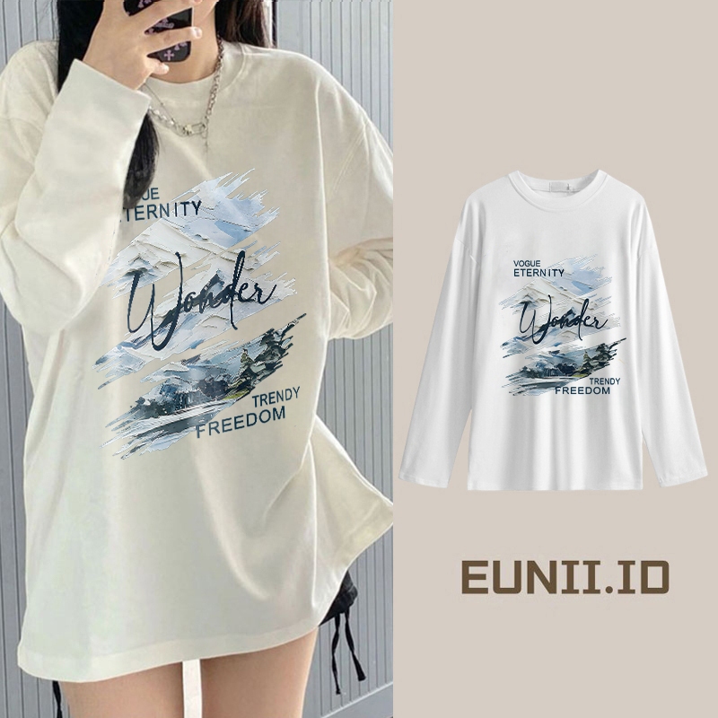 EUNII Kaos lengan panjang wanita Korea motif cetakan koran biru/atasan longgar lengan panjang terbar