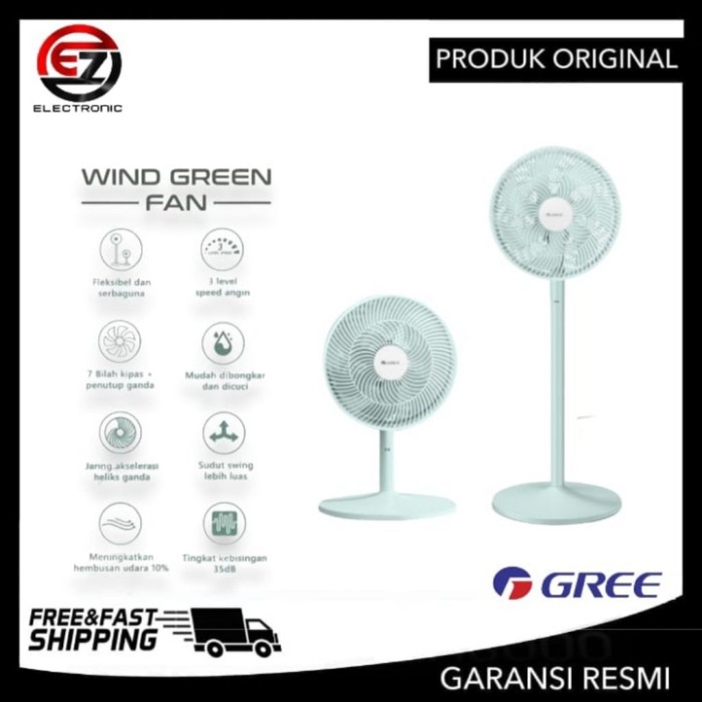 Gree GCF-14IGN Kipas Angin Stand 14 Inci Hijau, 7 Bilah, 3 Kecepatan, Osilasi Lebar 80°