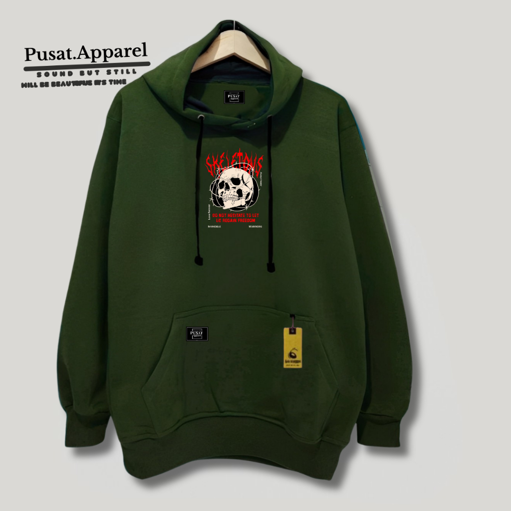 Swater Hoodie Unisex Tengkorak Pria Wanita Distro Bandung Jacket Switer Stylee Kece Warna Hijau Army