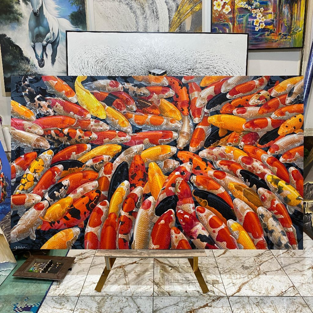 Lukisan Kanvas Ikan Koi 99 Ekor Modern Art Aesthetic Hiasan Ruang Tamu