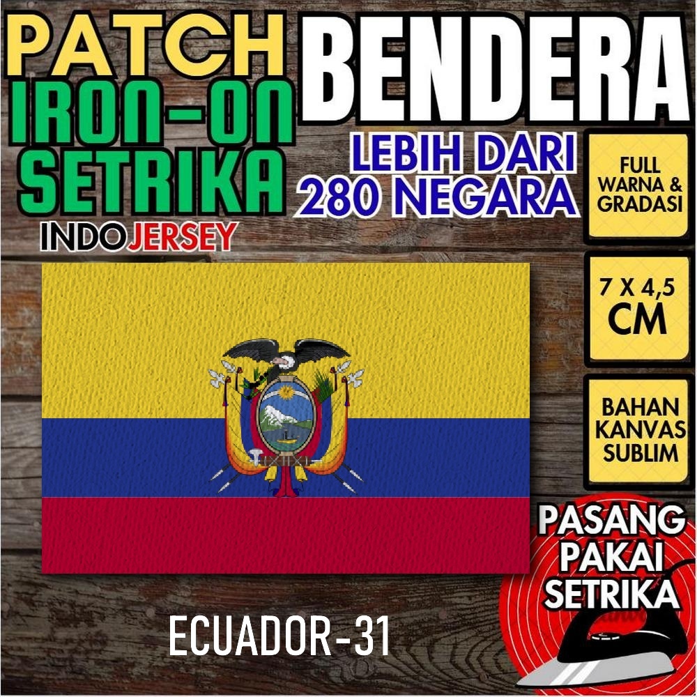 Indojersey Patch Bendera ECUADOR EKUADOR EQUADOR Iron-On Kanvas Sublimasi Persegi Kotak 7 x 4.5 cm B
