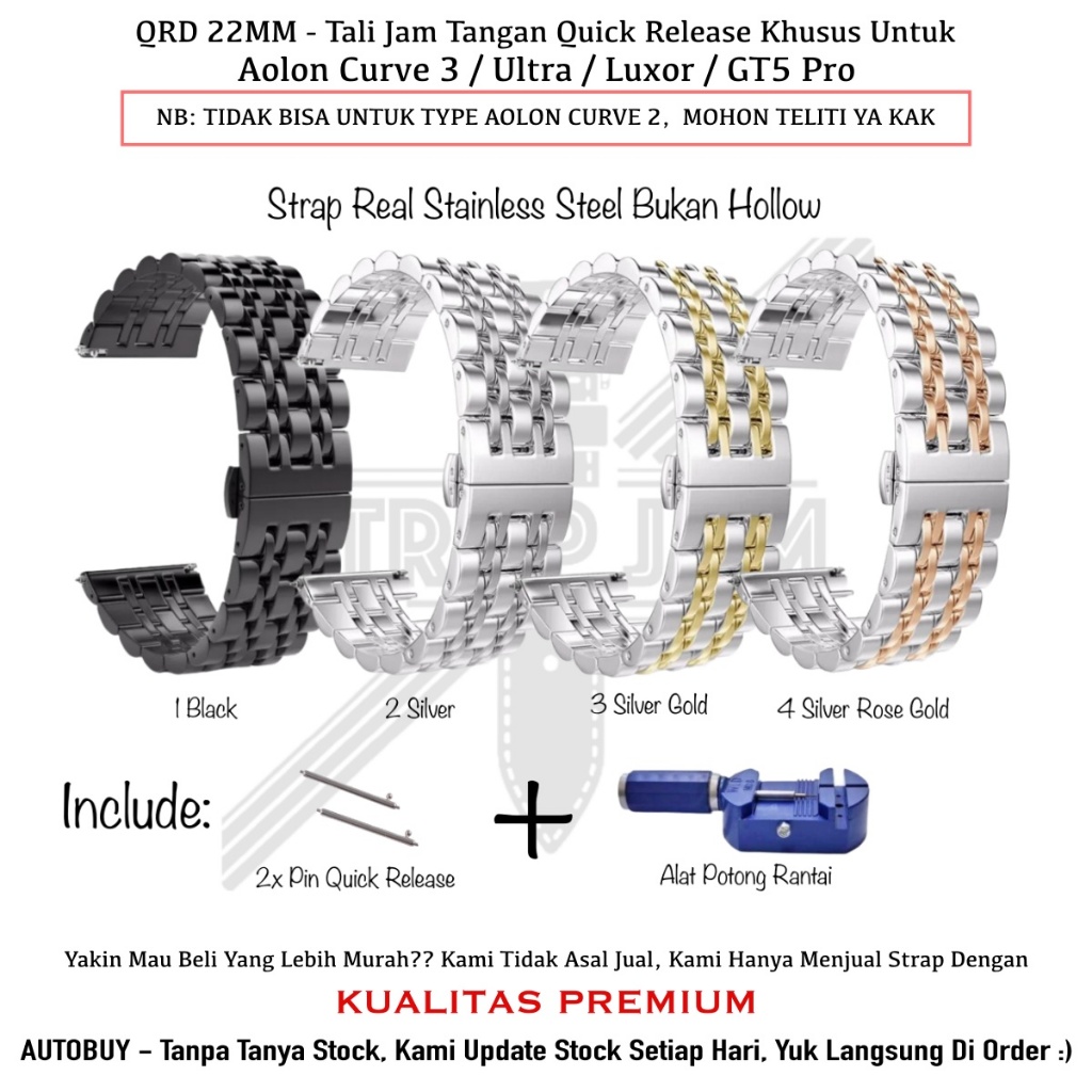 QRD 22mm Strap Aolon Curve 3 / Ultra / Luxor / GT5 Pro - Tali Jam Tangan Stainless Steel