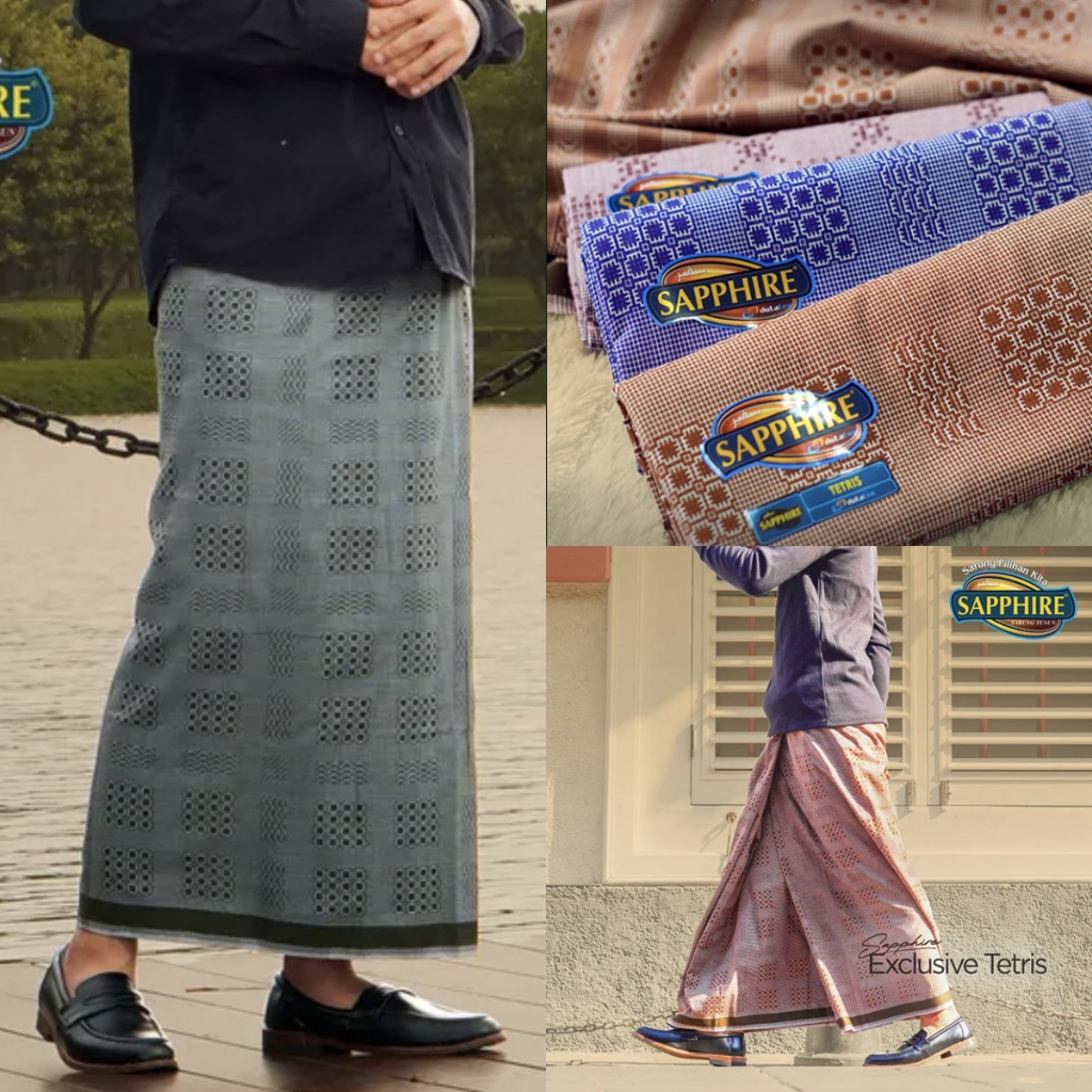 Sarung Sapphire Exclusive Tetris Original full motif warna Saphire PREMIUM Kain Tenun Murah GROSIR