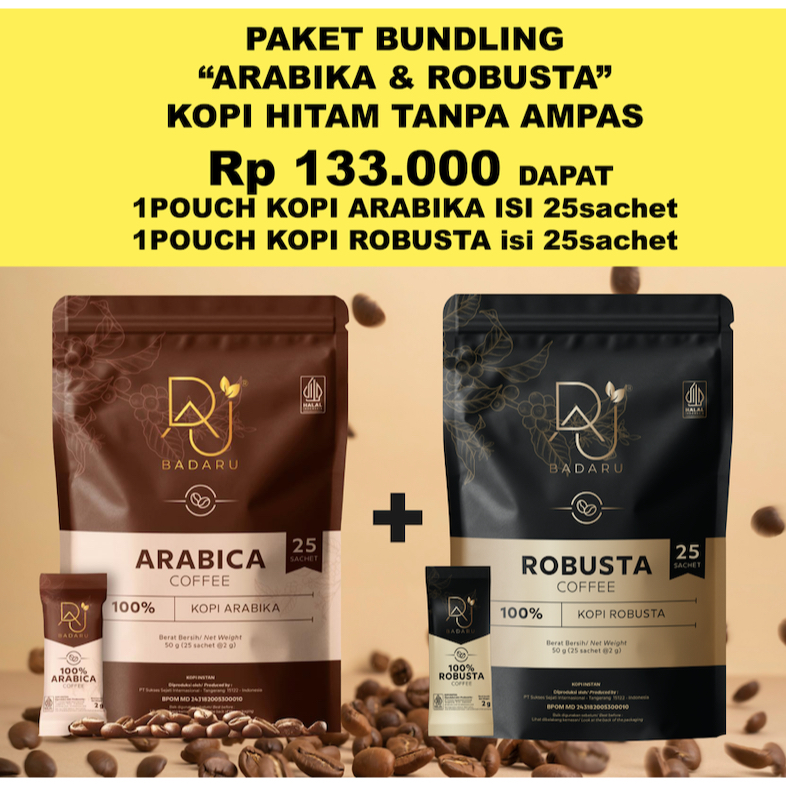 BUNDLING KOPI HITAM TANPA AMPAS 100% ARABIKA DAN 100% ROBUSTA ISI 25sachet