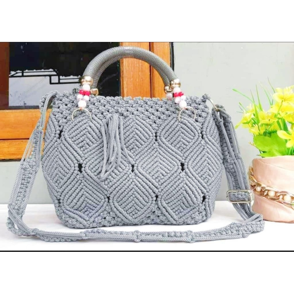 Tas Talikur Motif Daun Mutiara / Handbag TaliKur Daun 2in1 / Tas Pesta TaliKur/ Tas Macrame/ Tas Ken
