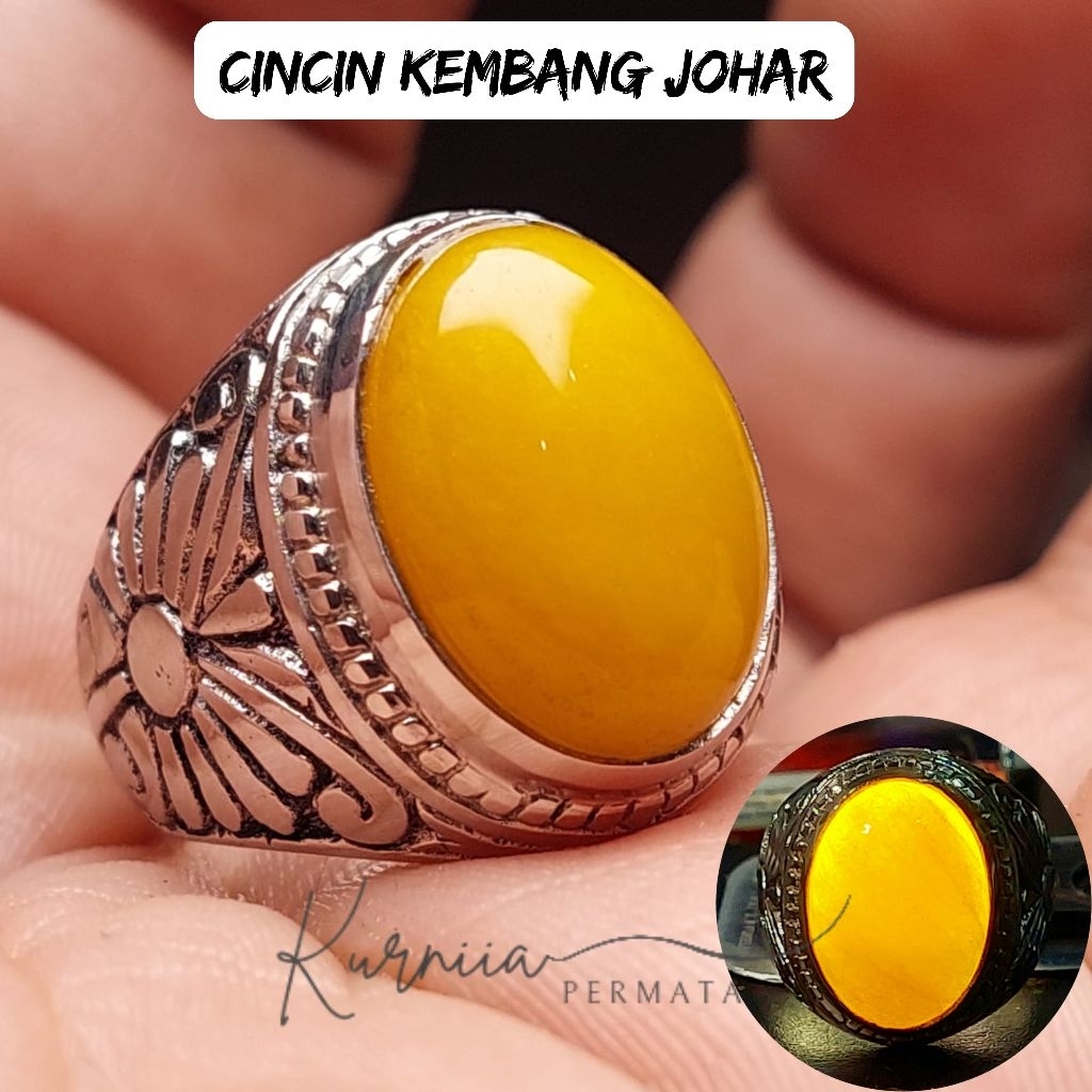 Cincin Batu Kembang Johar Kristal Tembus Senter / Yellow Jade / Batu Giok Kuning / Batu Yakut Rings 
