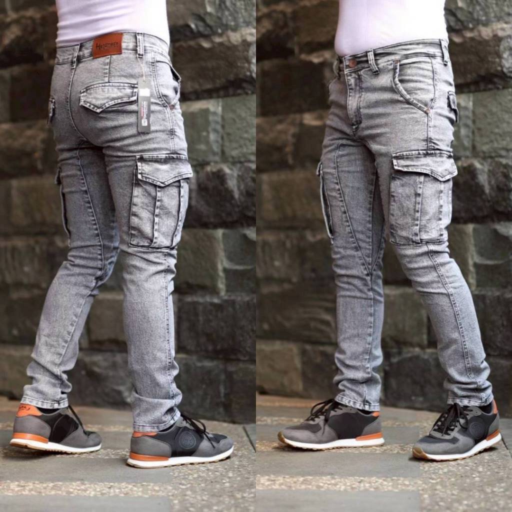 SHAKHAN  Celana Cargo Jeans Pria SlimFit - Celana Jeans Cargo Slimfit - Cargo Pria Bikers Cargo