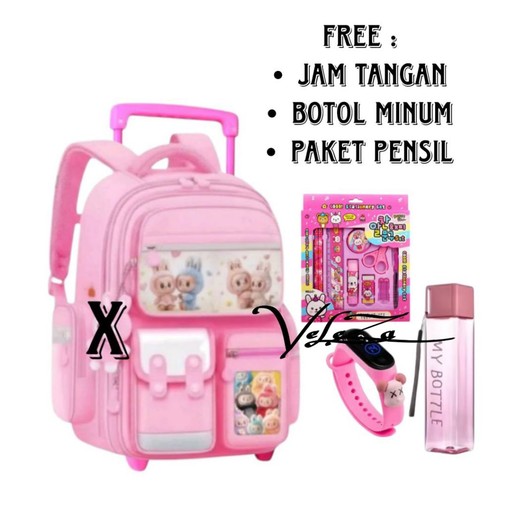 Tas Ransel Troli Anak Labubu Tas Sekolah Anak Perempuan TK SD Kapasitas Besar Tas Troli Tas Anak