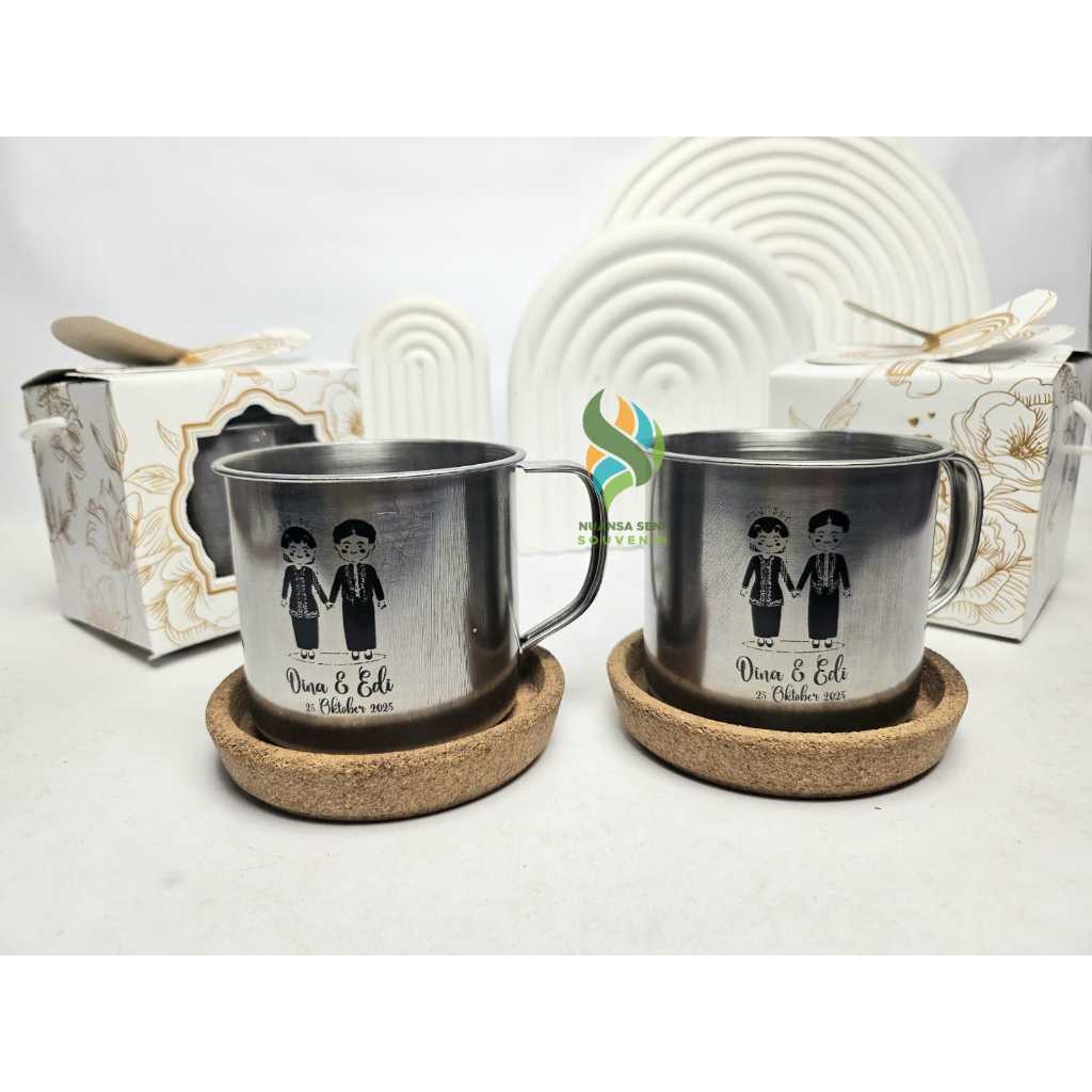 Souvenir Pernikahan Gelas Cangkir Enamel Stainless 230ml Mug Minum Kopi Gagang Sablon Kemas Box
