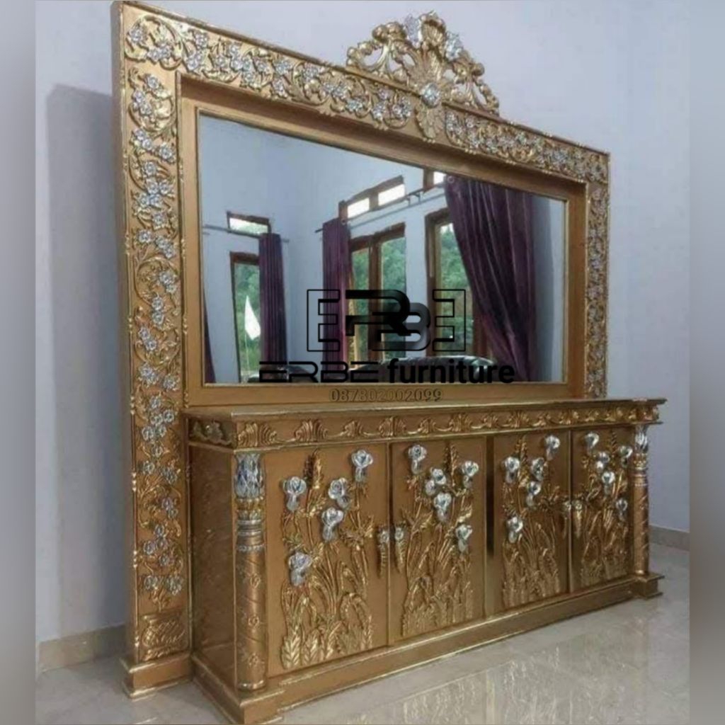 meja rias ukir mewah meja konsol meja TV finishing cat Duco emas kayu jati perhutani