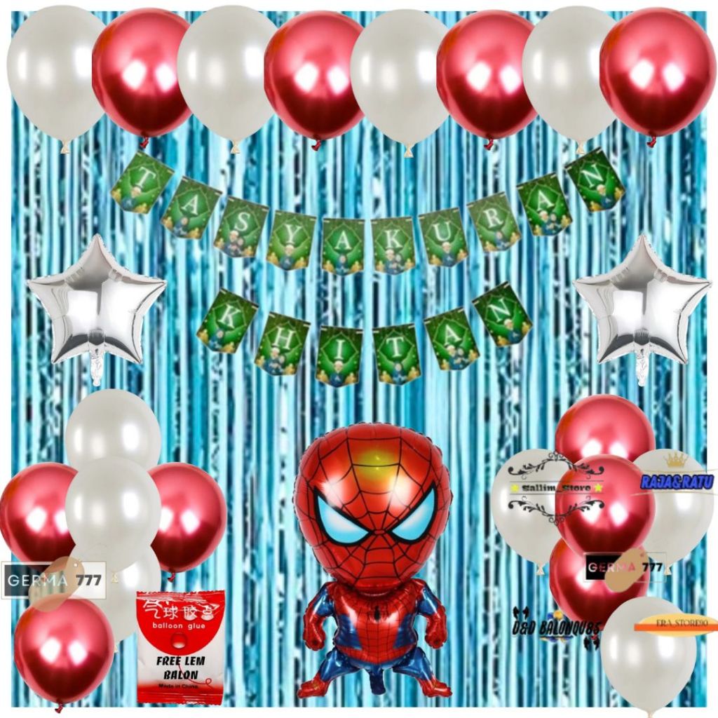 Set Dekorasi Tasyakuran Khitan Anak / Dekor Ultah Acara Khitanan Balon Spiderman Tirai Biru Muda