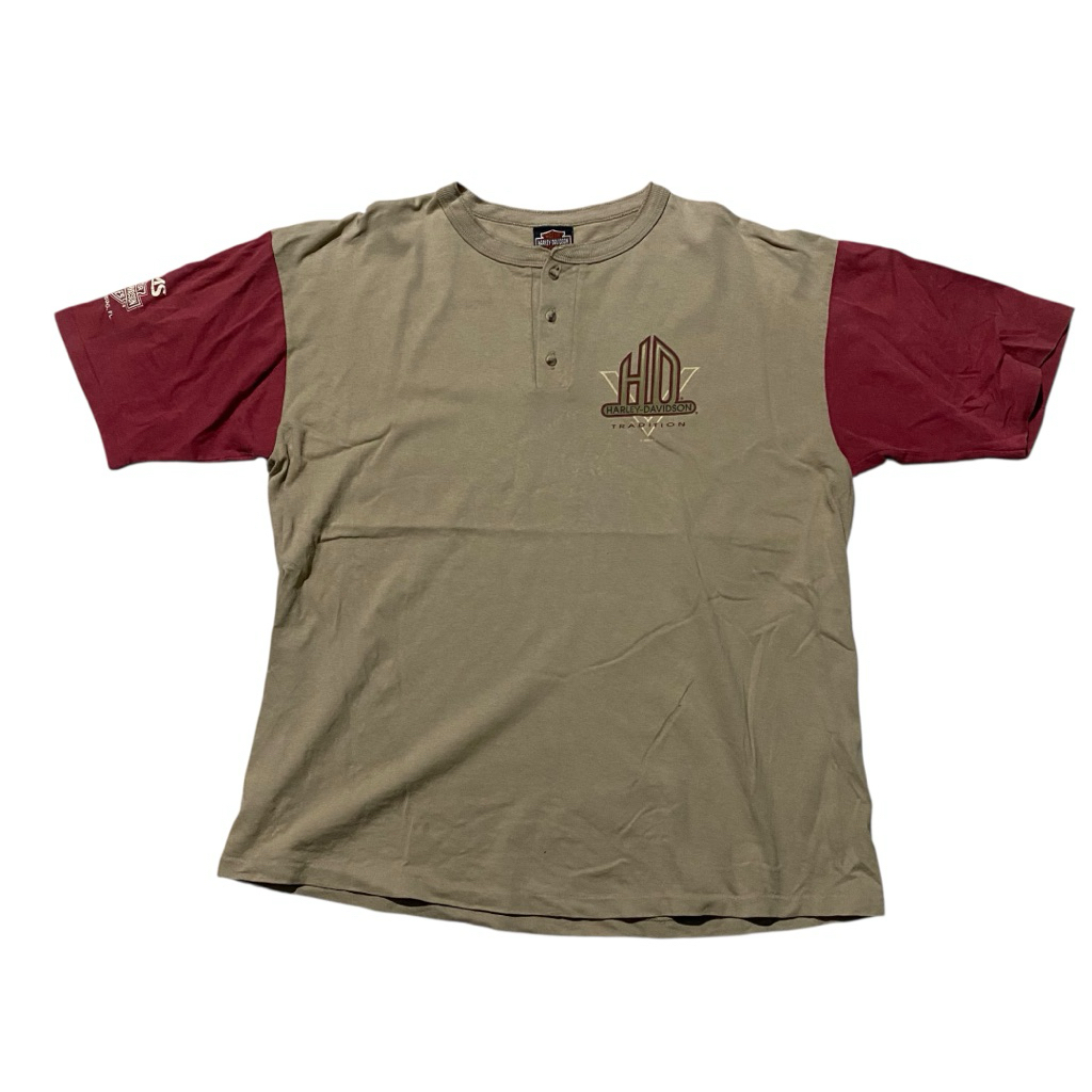 Harley davidson vintage half button tan red sleeve tee