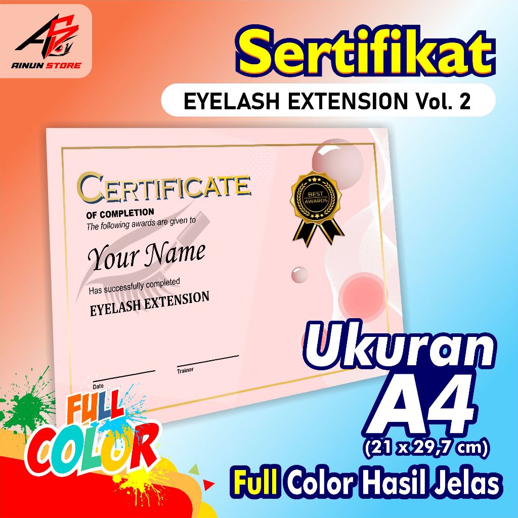 Cetak Sertifikat Custom, Sertifikat Eyelash Extension Course, Piagam Kursus Kecantikan