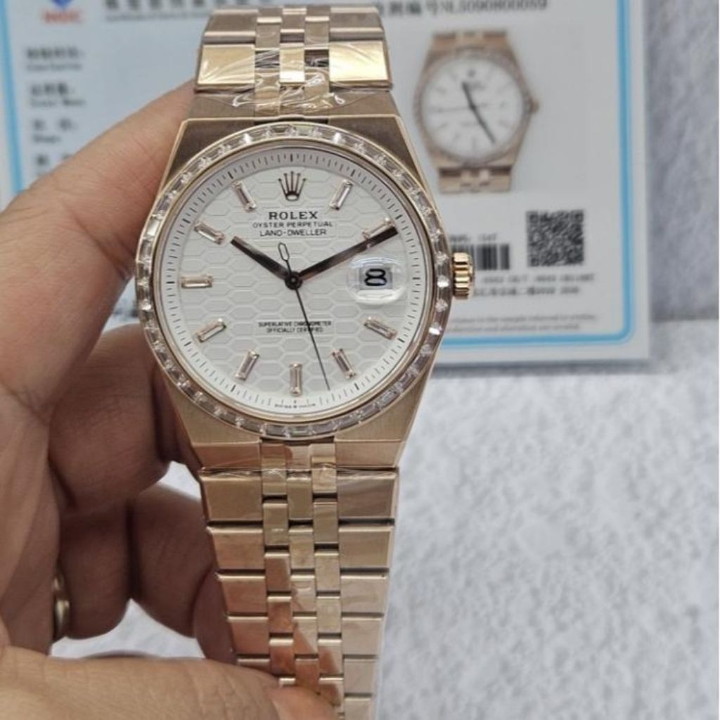 JAM TANGAN SPESIAL PRIA RLX LAND DWELLER ROSE GOLD DIAMOND SWISS SUPER CLONE 40MM JAM TANGAN NEW REL