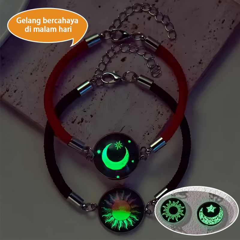Gelang Couple 2 PCS Matahari Bulan - Gelang Glow In The Dark Anti Karat Gelang Menyala Bulan Bintang