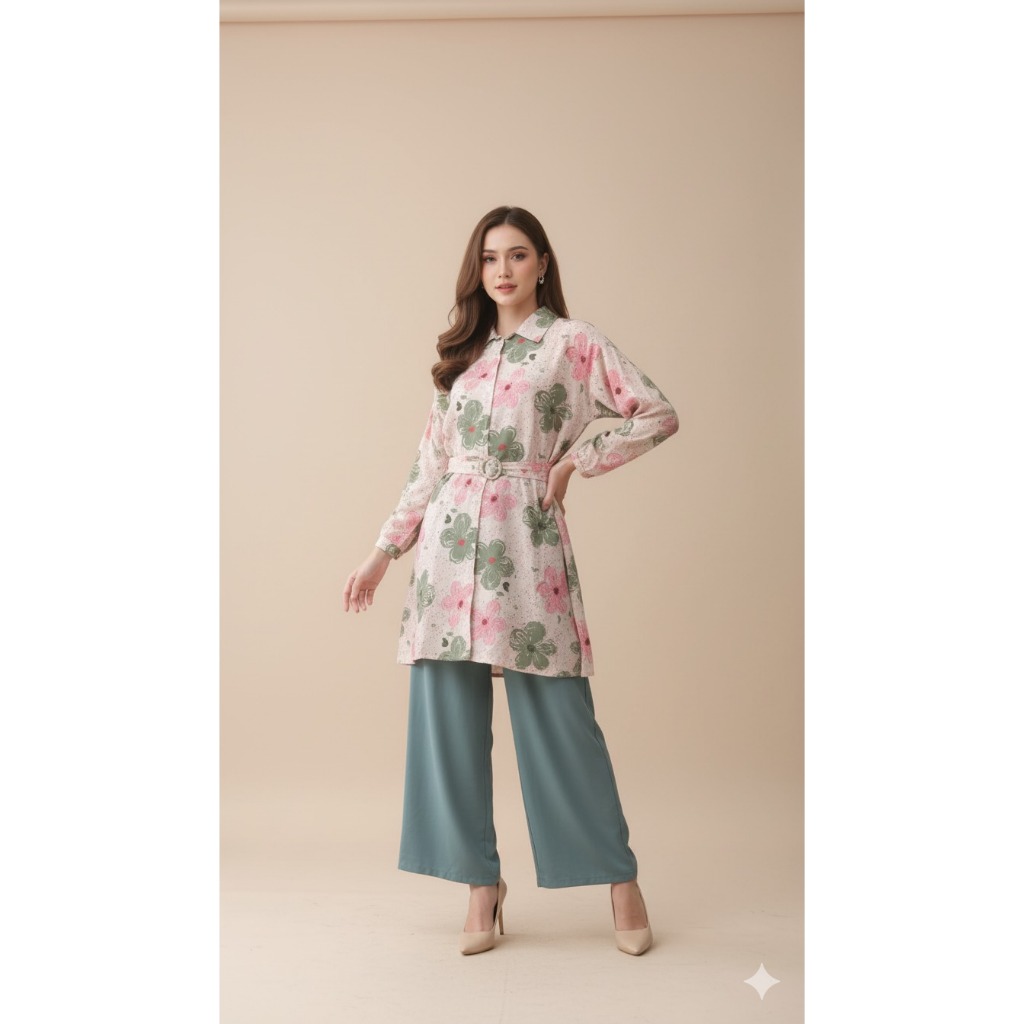 setelan tunik wanita/ setcel tunik crinkle motif bunga/ setcel wanita muslim/ One set tunik jumbo