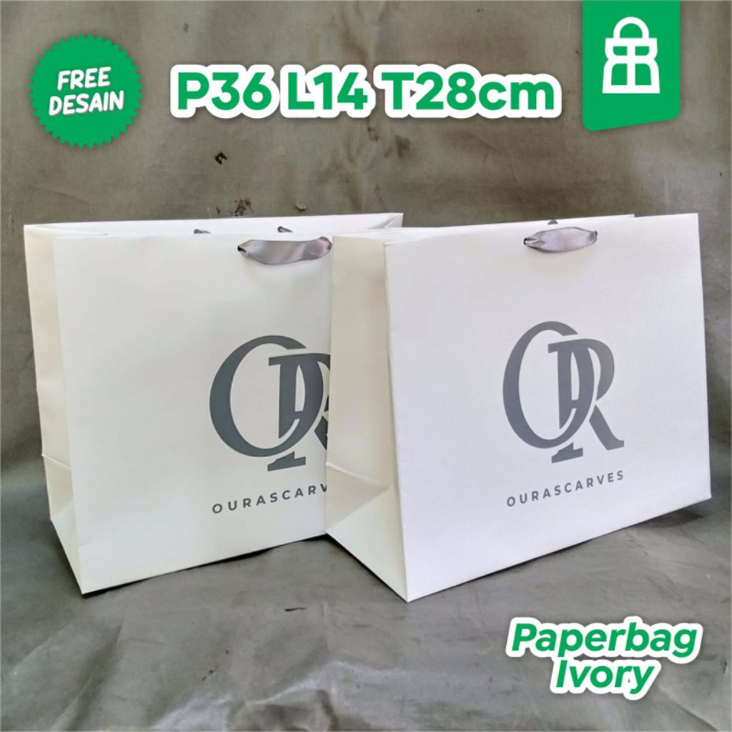 PAPERBAG CUSTOM DESAIN IVORY UKURAN JUMBO P36 L14 T28 CM. COCOK UNTUK BOX SEPATU, KUE DAN FASHION, G