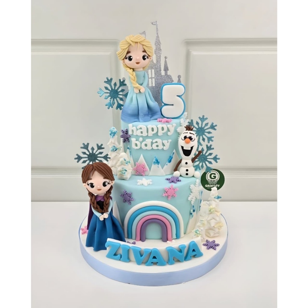 CAKE TEMA FROZEN ELSA AND ANNA FONDANT UK 15+10CM / KUE ULANG TAHUN