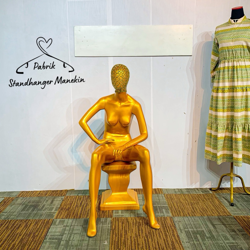 Manekin Full Body GOLD Gaya Duduk Kepala Besi | Full Body Wanita Fiberglass Kepala Besi | Manekin Wa
