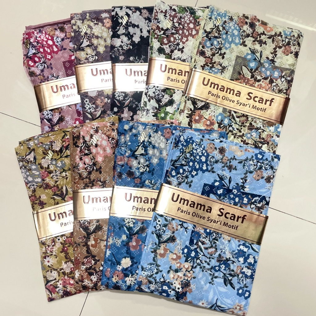 Jilbab Umama Scarf / Jilbab segi empat paris olive syar’i motif / Hijab segi empat  syar’i motif / K