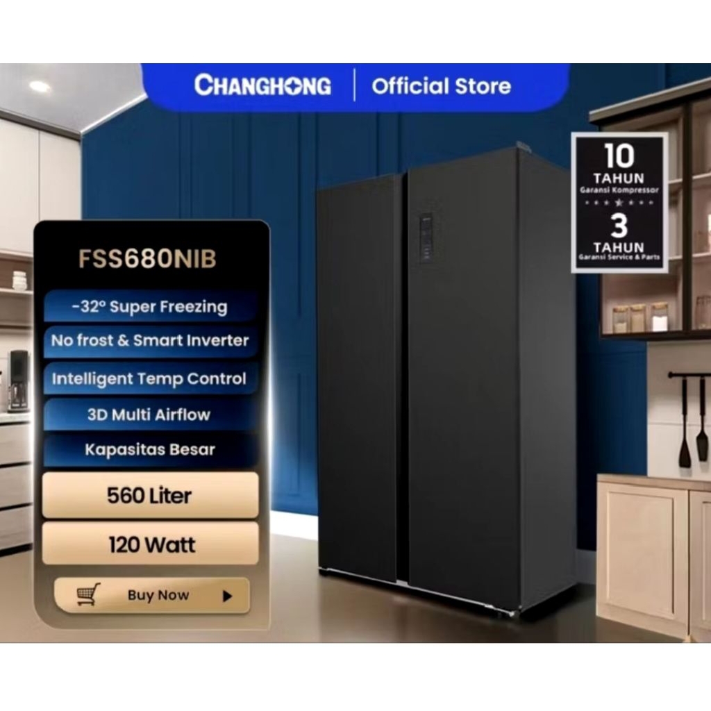 KULKAS CHANGHONG SIDE BY SIDE 2 PINTU FSS680NIB 560 Liter INVERTER