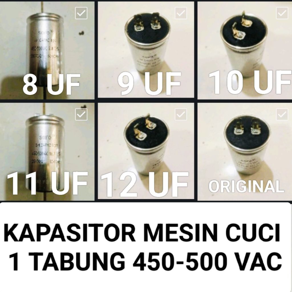 KAPASITOR MESIN CUCI 1 TABUNG 8 UF 9 UF 10 UF 11 UF 12 UF 500 VAC MERK SOFO