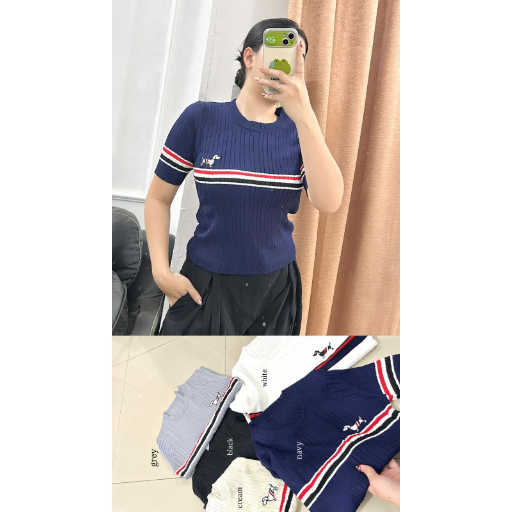 Kaos Knit Korean Style Import Salur Garis Garis | Kaos Pendek Wanita HA HAC | Kaos Rajut | Kaos Raju