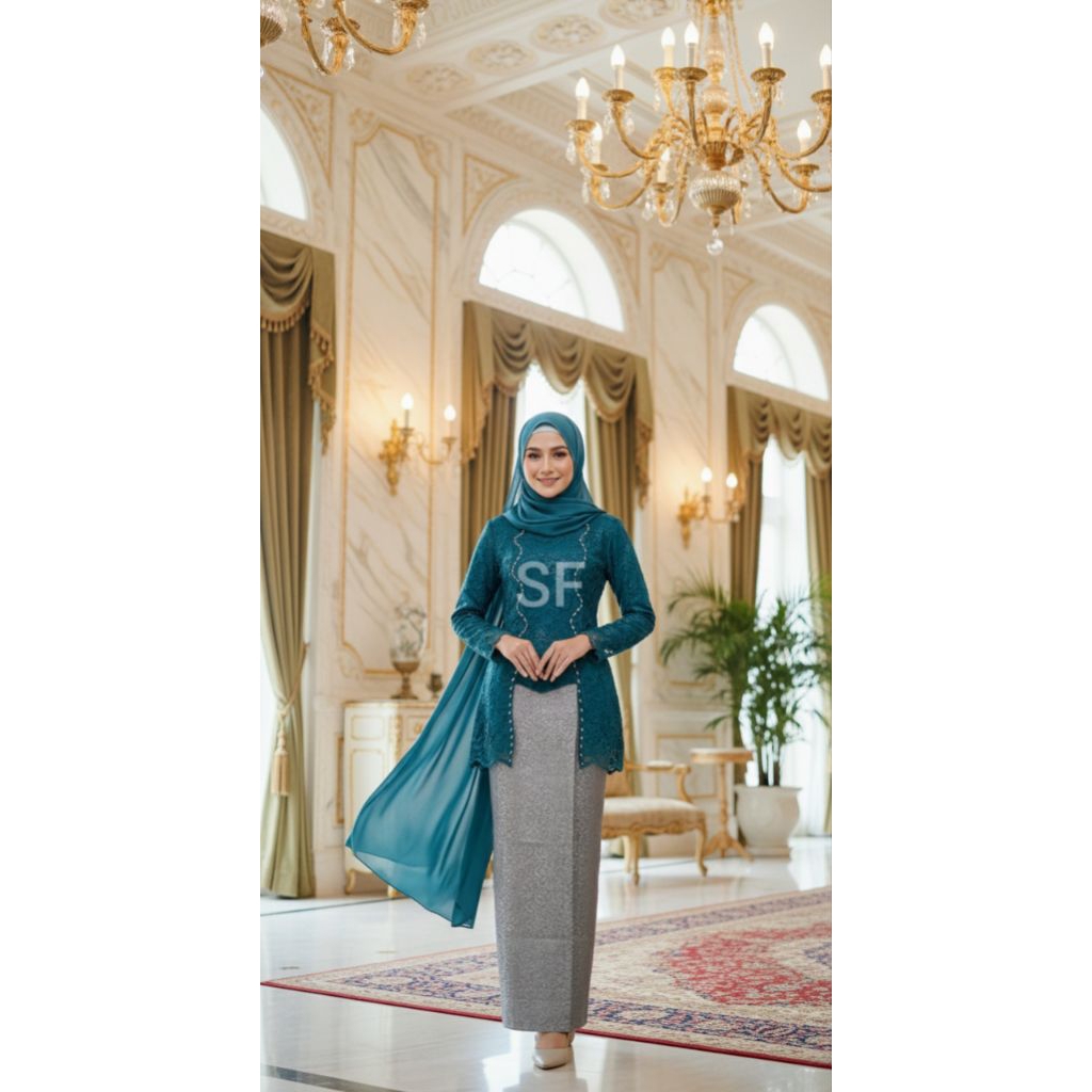 SET MELAYU KOMBINASI BRUKAT BLUE EMERALD