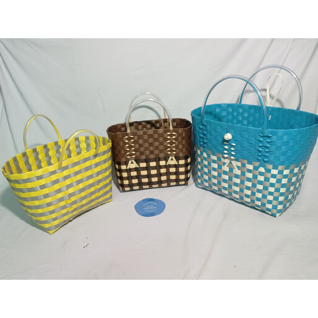 TAS BELANJA ANYAMAN PLASTIK HAND BAG KERANJANG ANYAM JUMBO RINJING PASAR UNIK AESTHETIC SERBAGUNA