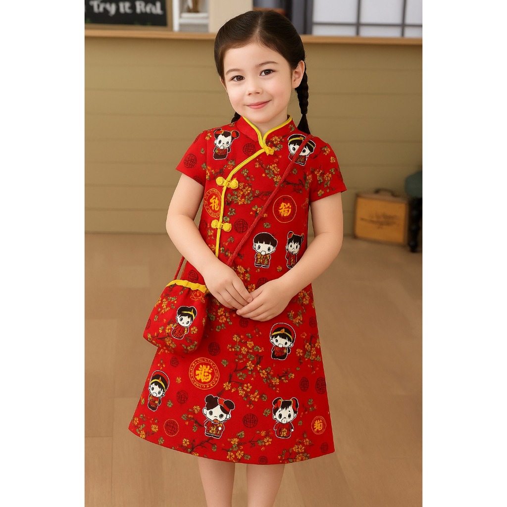 Baju Dress Anak Perempuan Imlek Elegan Katun || Baju Imlek Anak Perempuan Cheongsam Elegan Ready Usi
