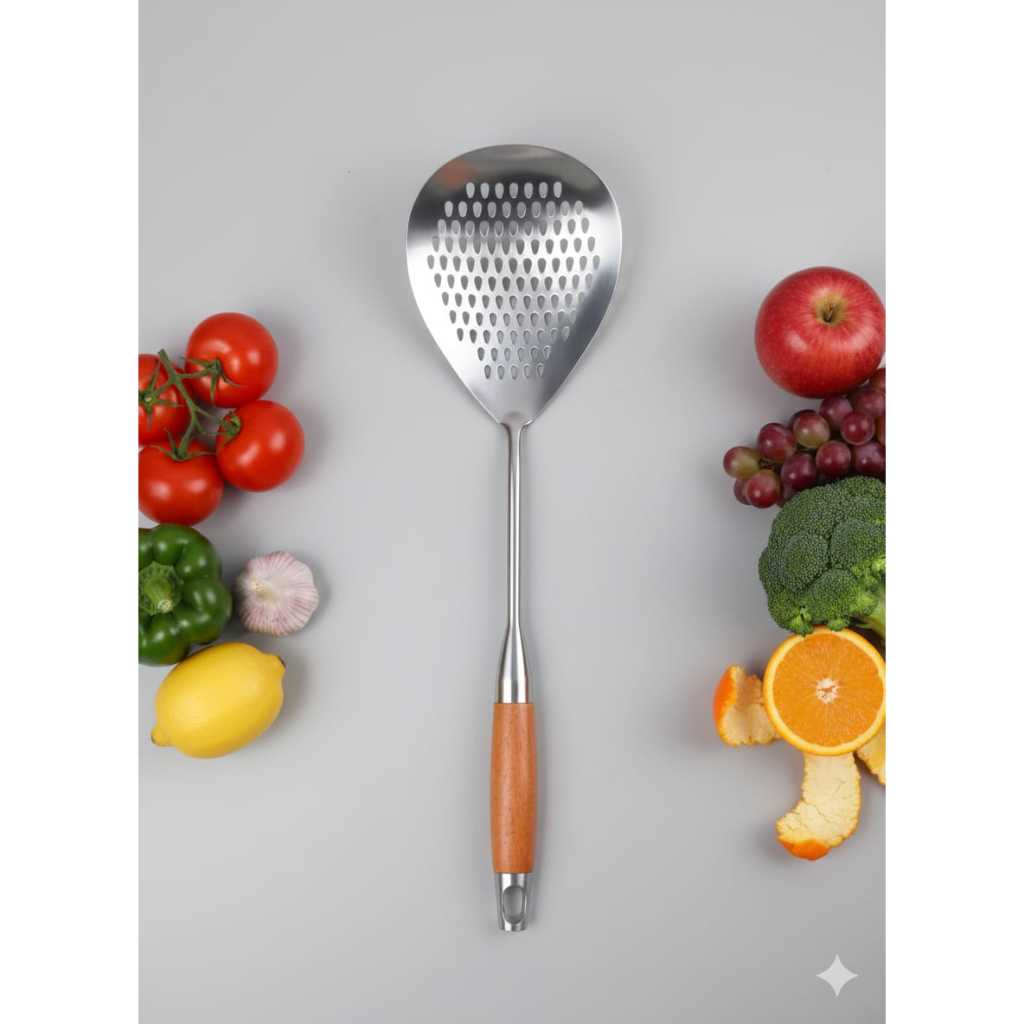 Saringan Mie / Serok Minyak / Penyaring Minyak Stainless Gagang Kayu