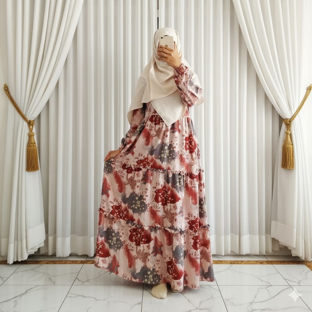 COCOYU - Gamis Lebaran 2026 - Jubah Hari Raya - Abaya Pesta - Gamis Syari - Gamis Ruffle Floral Baha